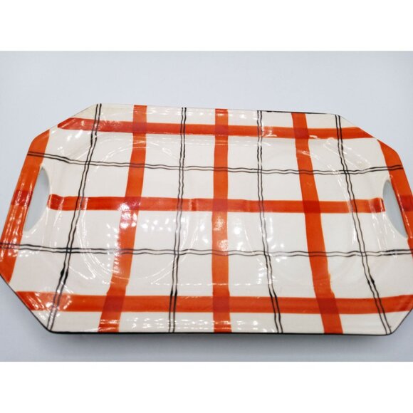 Red Plaid Serving Tray Takito Company Vintage Hand Painted Japan 10.25 In Crazed - Picture 4 of 16